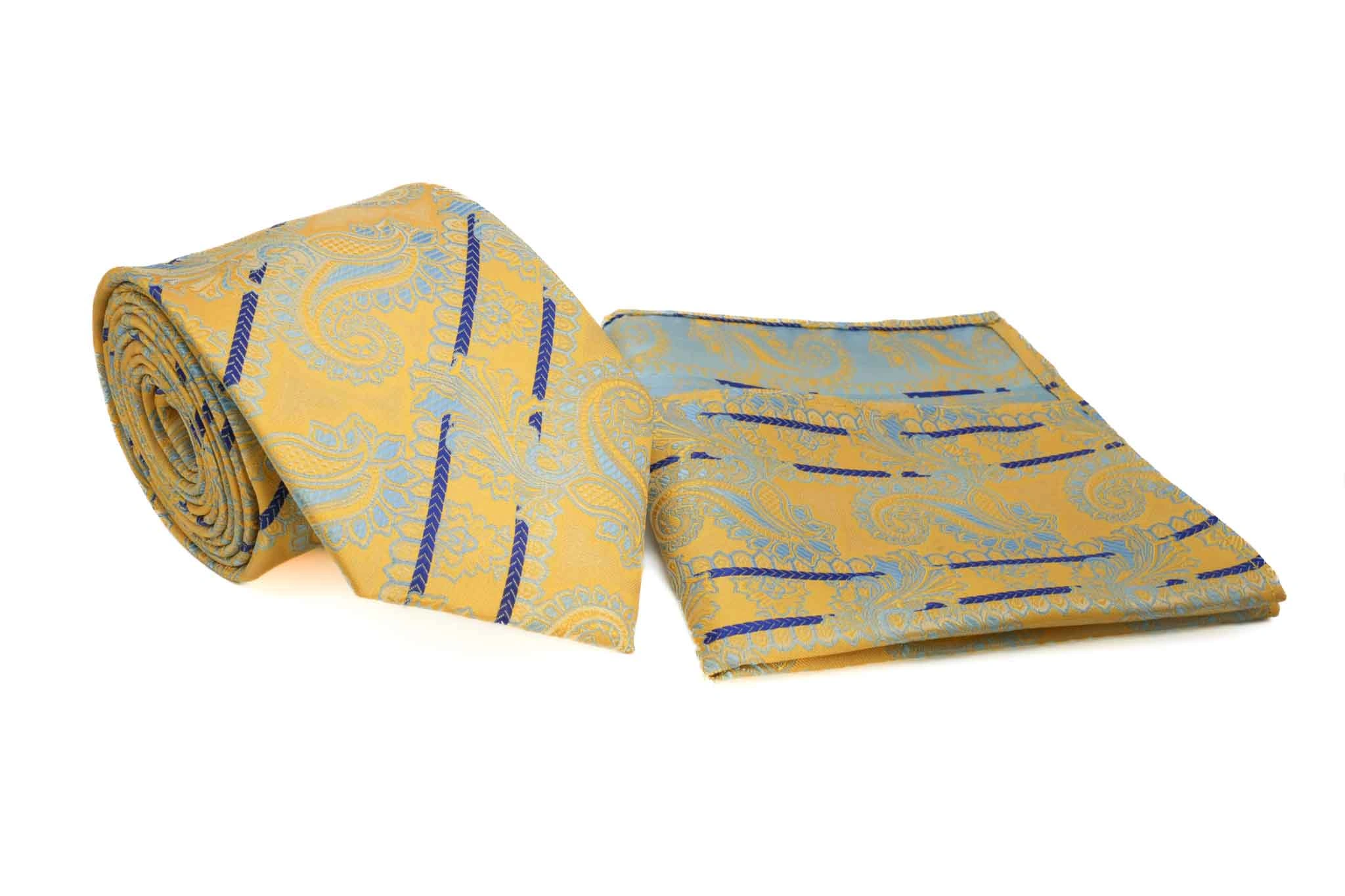 Corbata y pañuelo paisley amarillo a rayas azules para hombre un toque de estilo audaz
