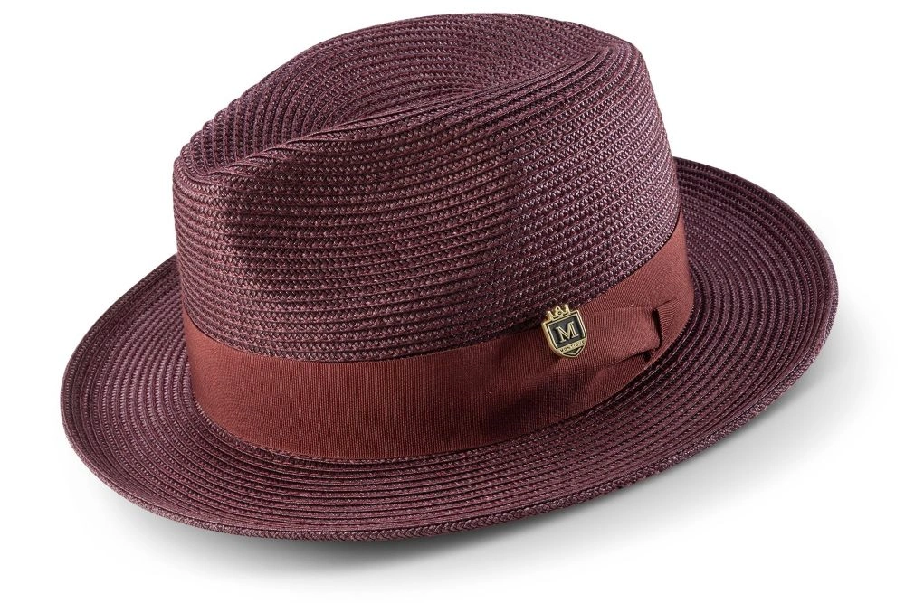 Sombrero Fedora Trenzado de Vino: Elegancia Ancha con Cinta Grosgrain a Juego.